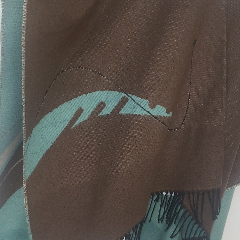 Reversible Ruana Wrap Cape Turquoise & Brown Soft Knit Boho Fringe Shawl XL 1 sz - Picture 8 of 14